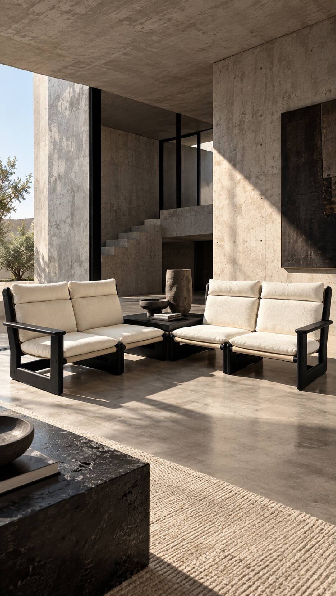 Modular brutalist living room set – 4 armchairs + table / Germany 1970