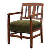 Amsterdamse School Oak Armchair with Green Velvet Seat, Netherlands, 1920s