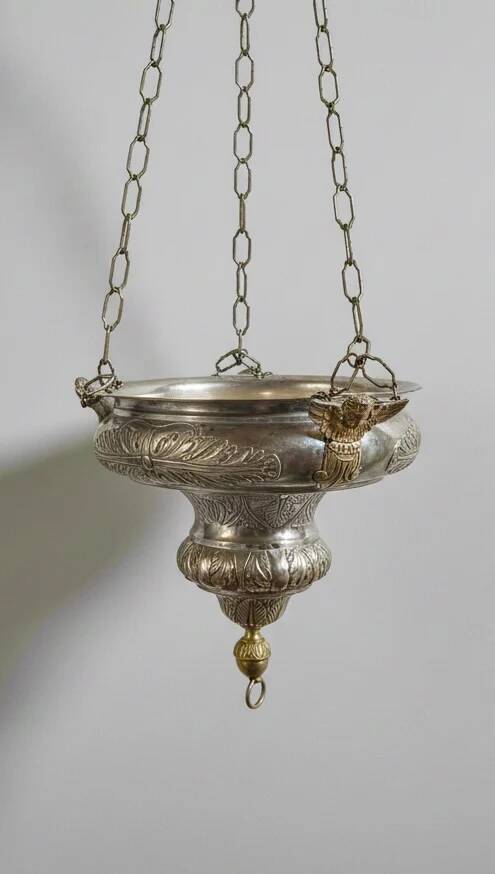 Ancient sanctuary lamp, silver-plated brass, winged angel, 130 cm.