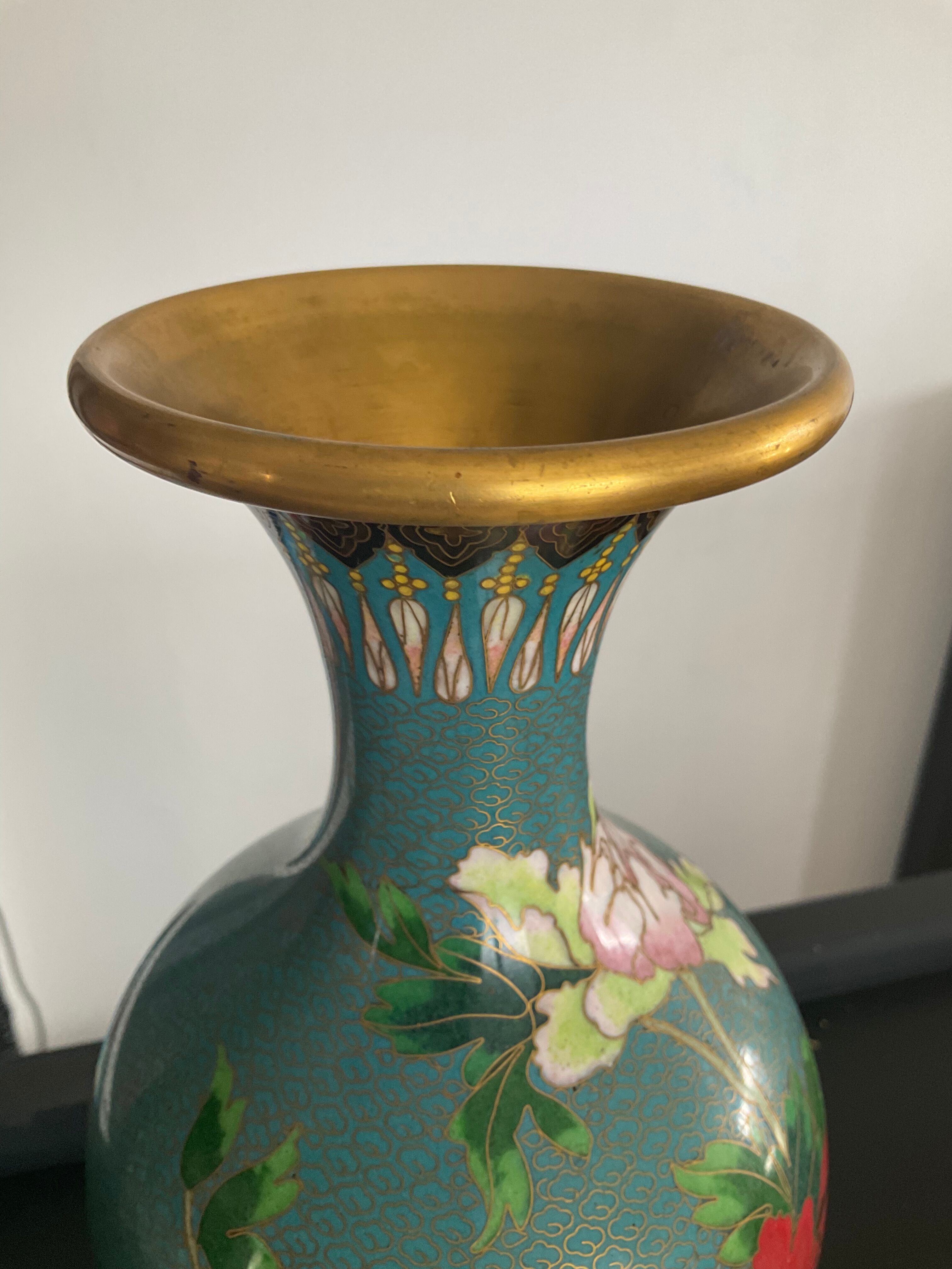 Vintage cloisonné vase in enamels and brass