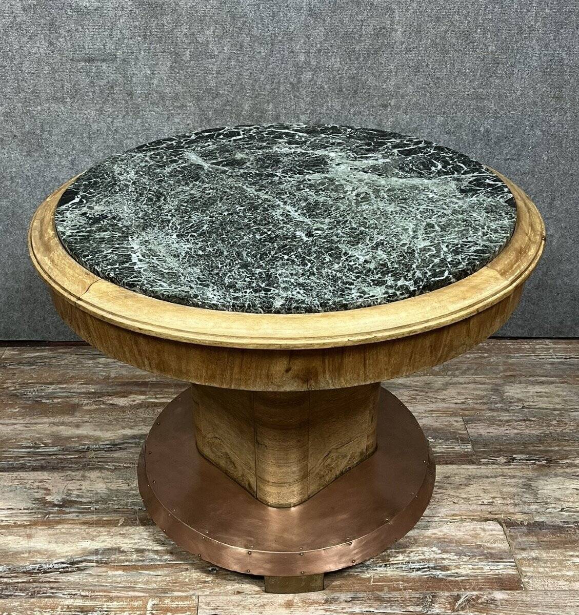 Art Deco table in wood, copper and marble – circular top – around 1930