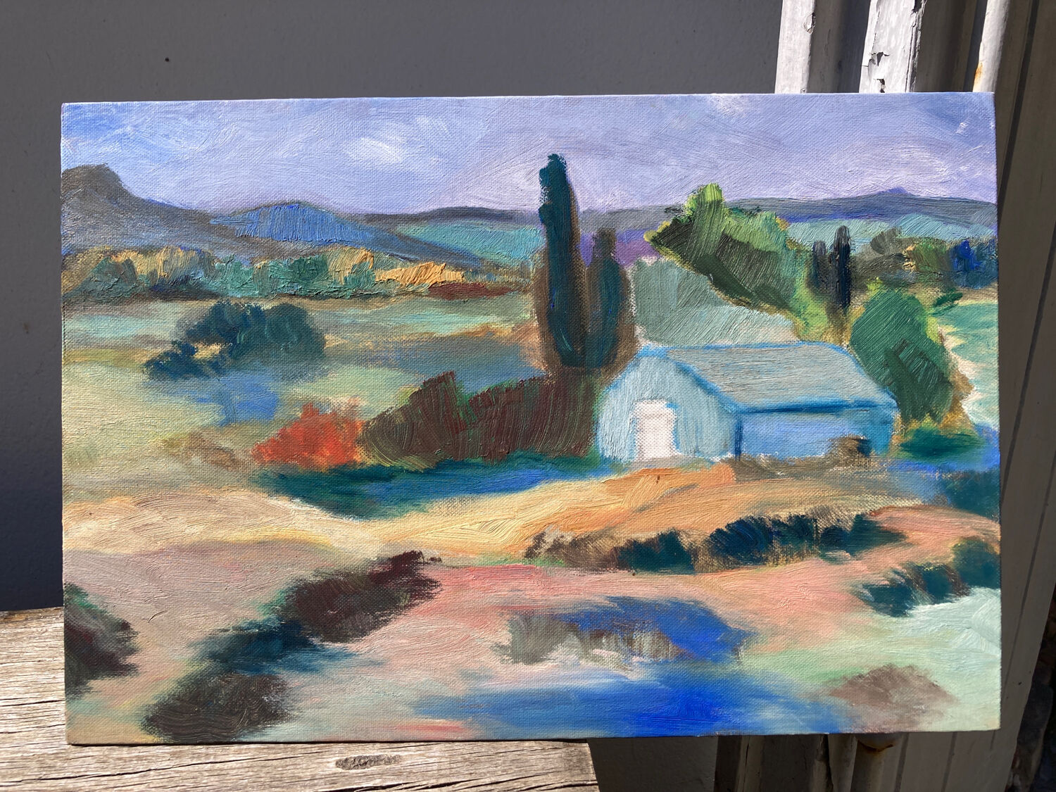 Mediterranean Provencal landscape / expressionist painting / oil painting on wood panel