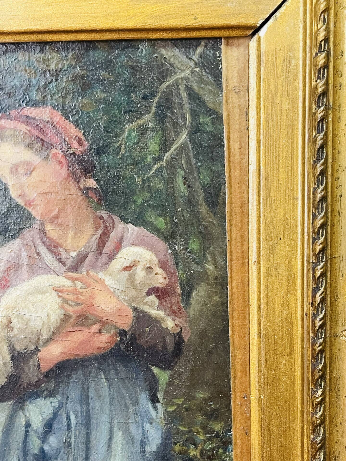 Oil painting on panel of a shepherdess with lambs after J.B. Hofner X