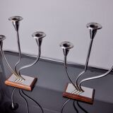 Pair of art deco candlesticks in stainless steel and rosewood 3 flames, Spain, 1970