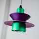 Vintage aluminum ceiling lamp in purple and green, Memphis/postmodern zigzag striped cable, bold pop-art pendant