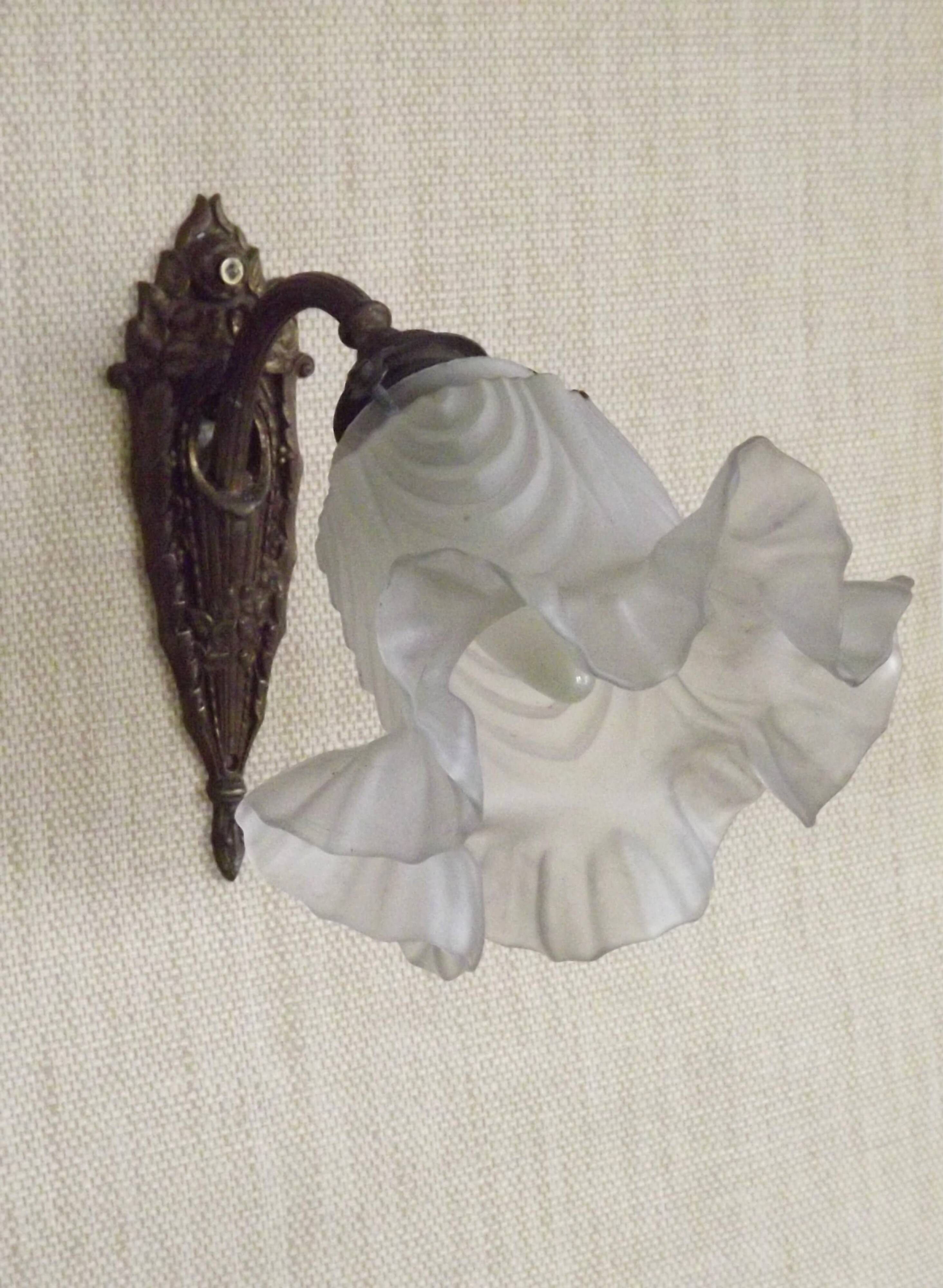 Single French Bronze Art Nouveau Wall Light with Flower Detail and White Glass Shade 4970