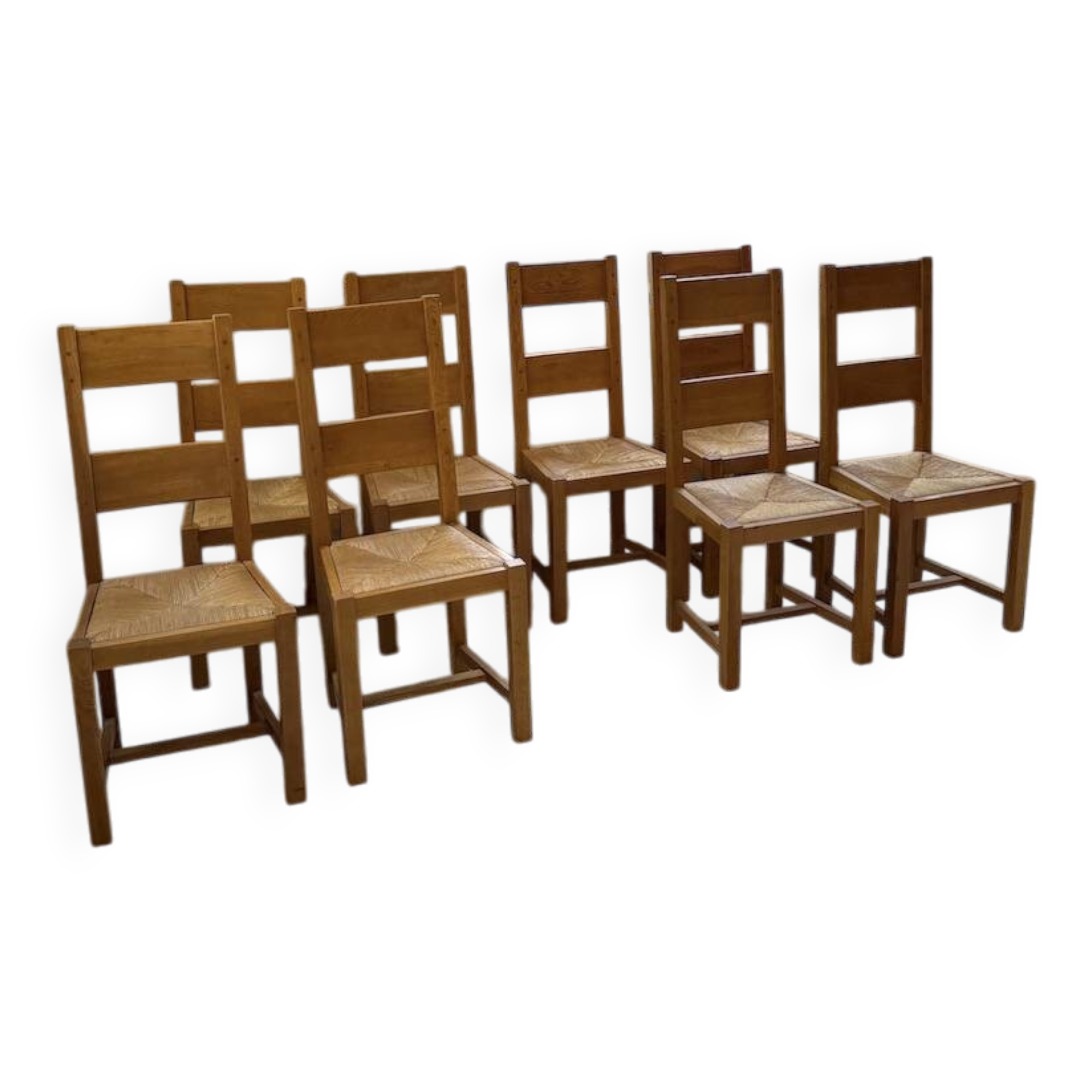 Set of 8 blond oak chairs with straw seats
