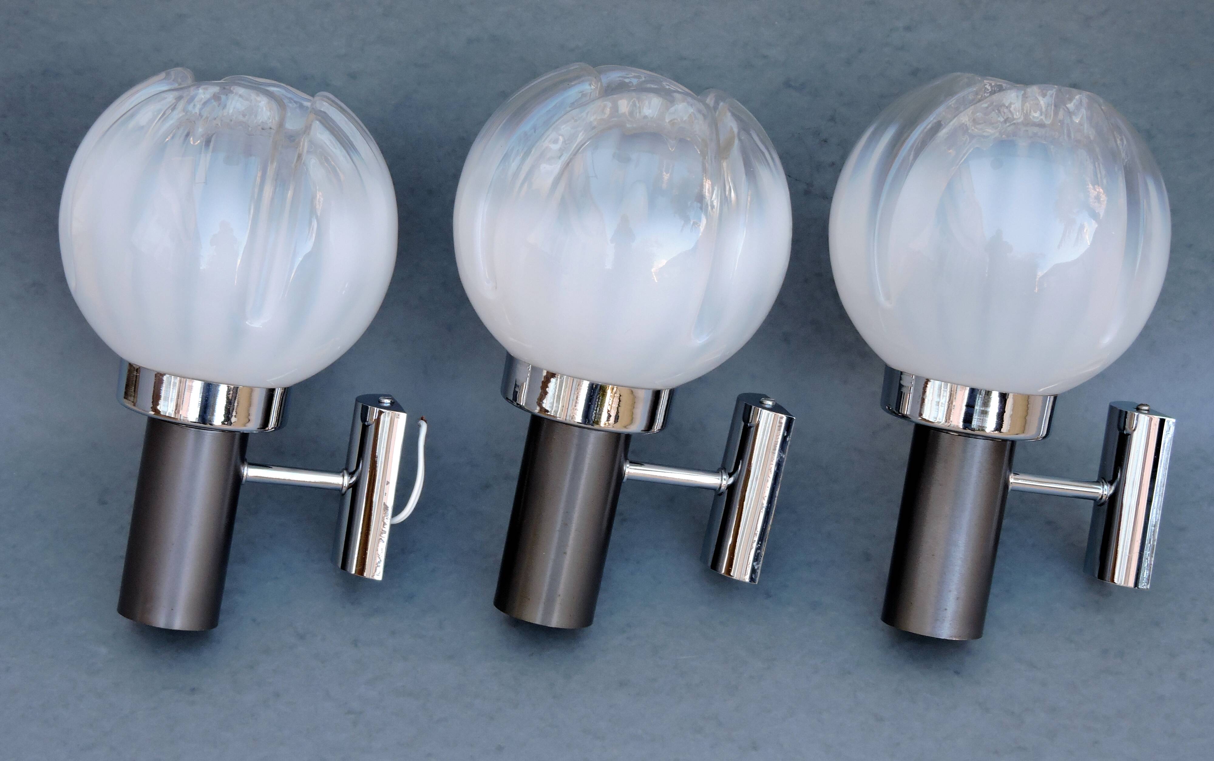 Three vintage wall lamps mazzega opalescent murano italy, year 70