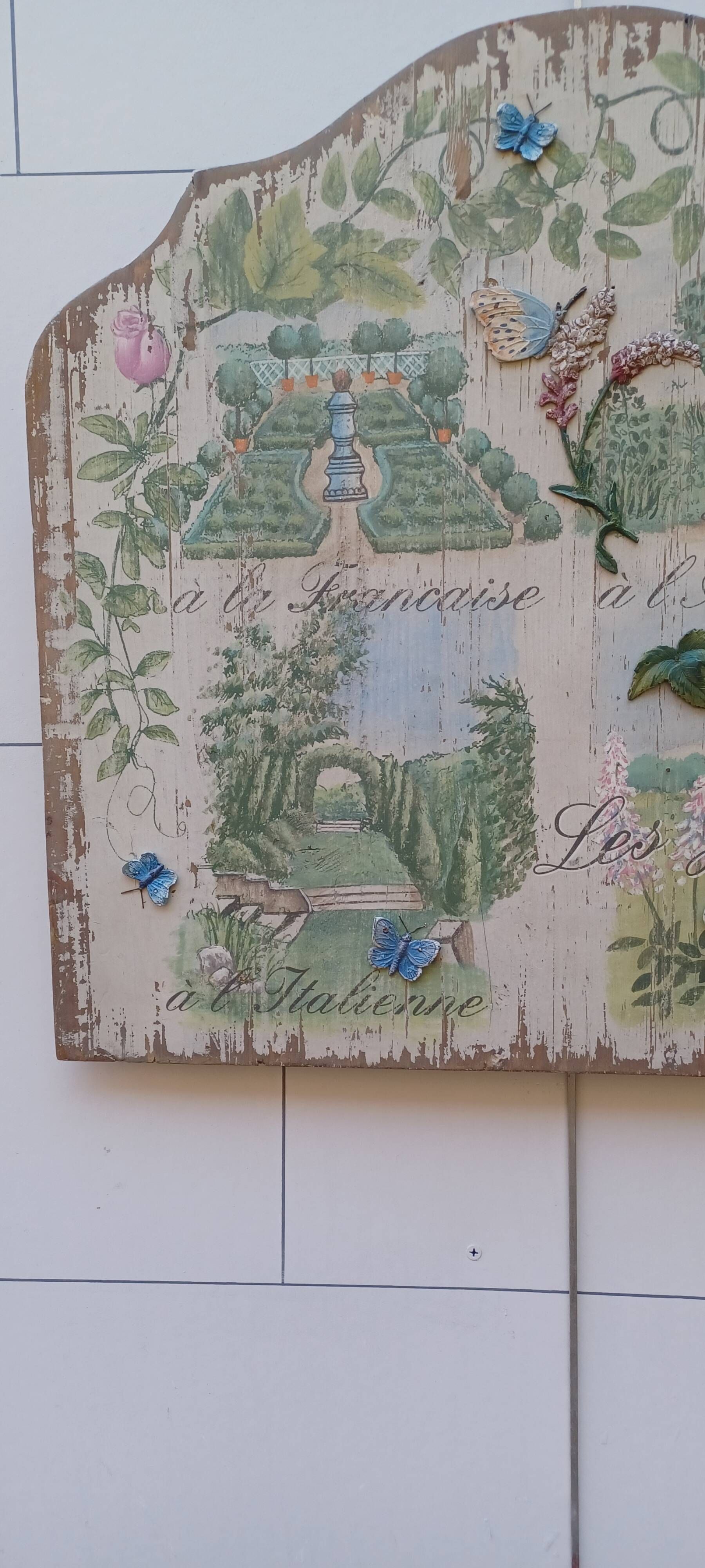 Ancient decorative panel in carved wood on the art of gardens in europe