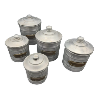 Set of 5 round boxes of aluminum, flour, sugar, coffee, tea, spice