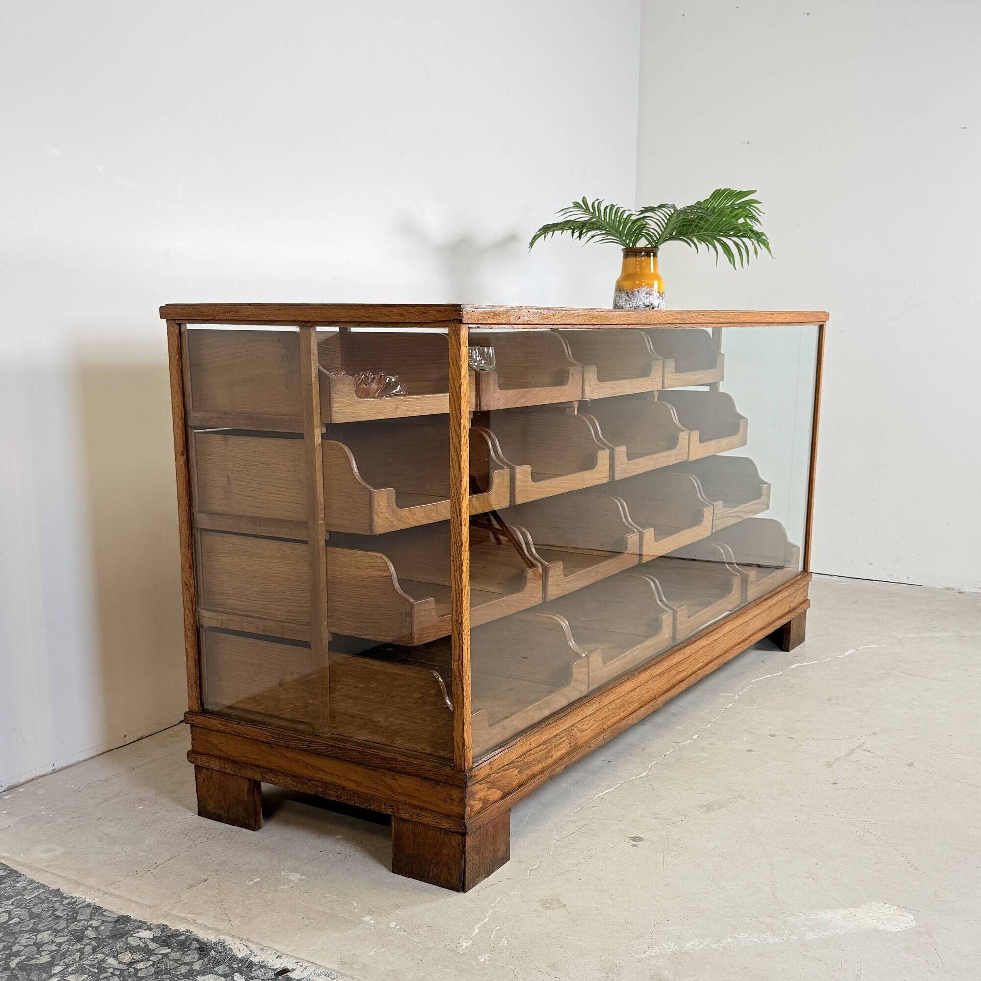 Solid Oak Haberdashery Glass Showcase with 16 Drawers – ca. 1940s