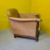 Old Leather Armchair With Oak Frame, 1950s.