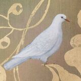 Painted canvas depicting doves in foliage.
