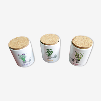 3 pots aromates plantes aromatiques ciboulette persil laurier en céramique vintage art populaire