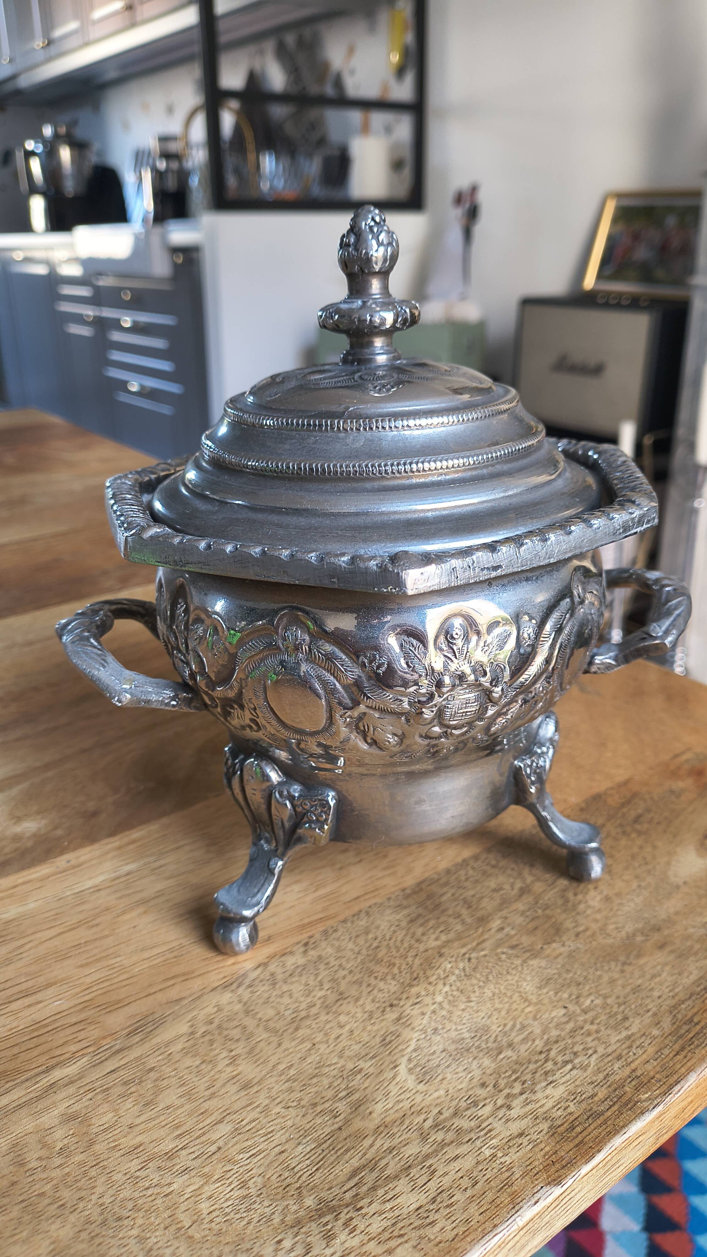 Antique Box / Chased Silver-Plated Sugar Bowl from Fes - Nesting Style (Vi