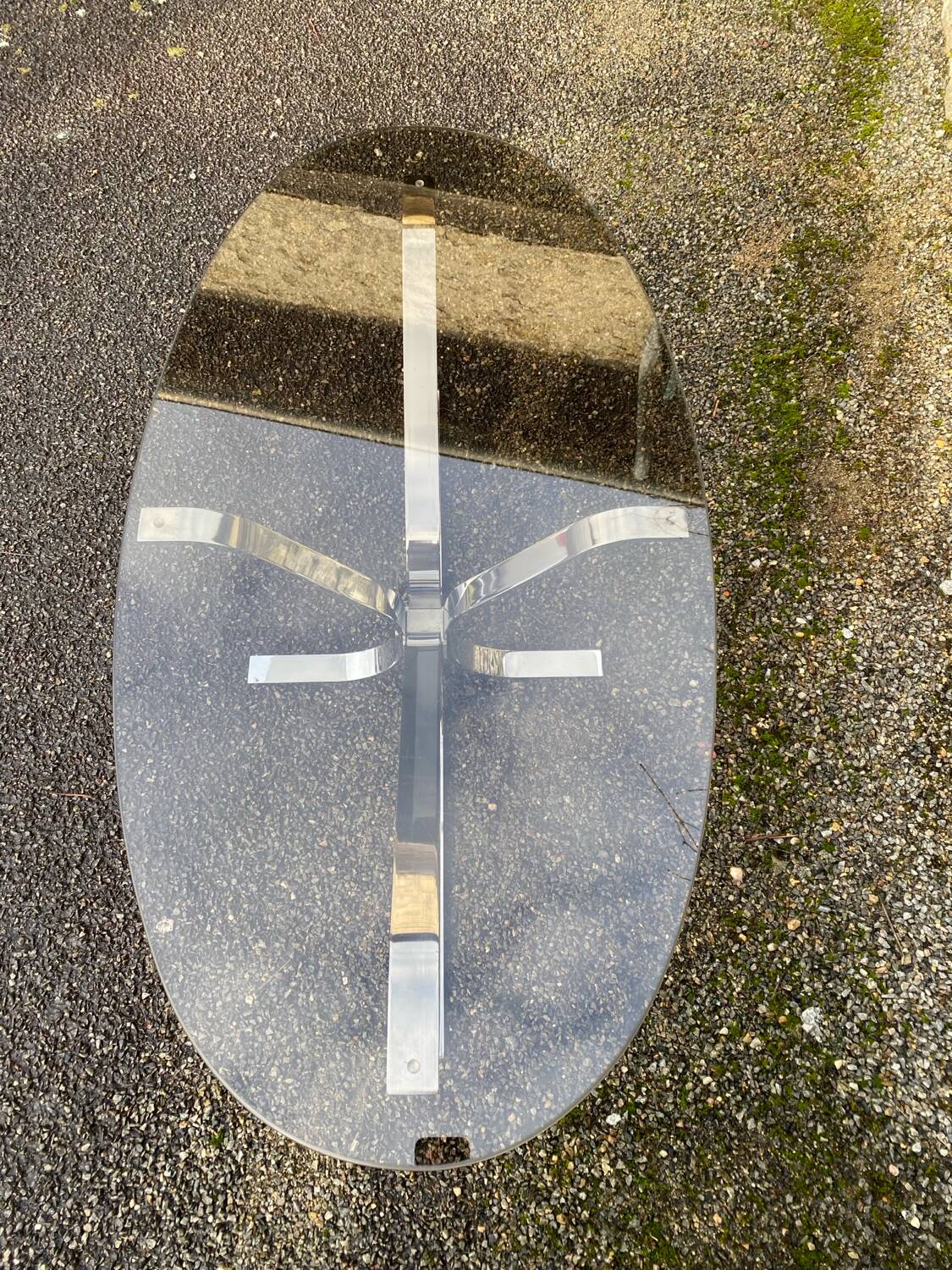 VINTAGE 1970 COFFEE TABLE OVAL CHROME SMOKED GLASS BROWN