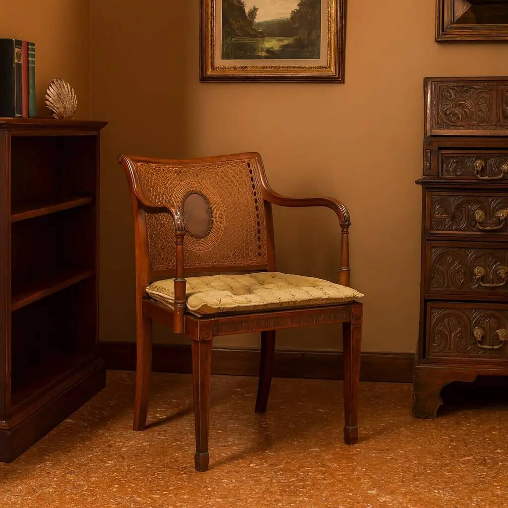 Antique beech armchair stained walnut and fabric, Italy, 19th century