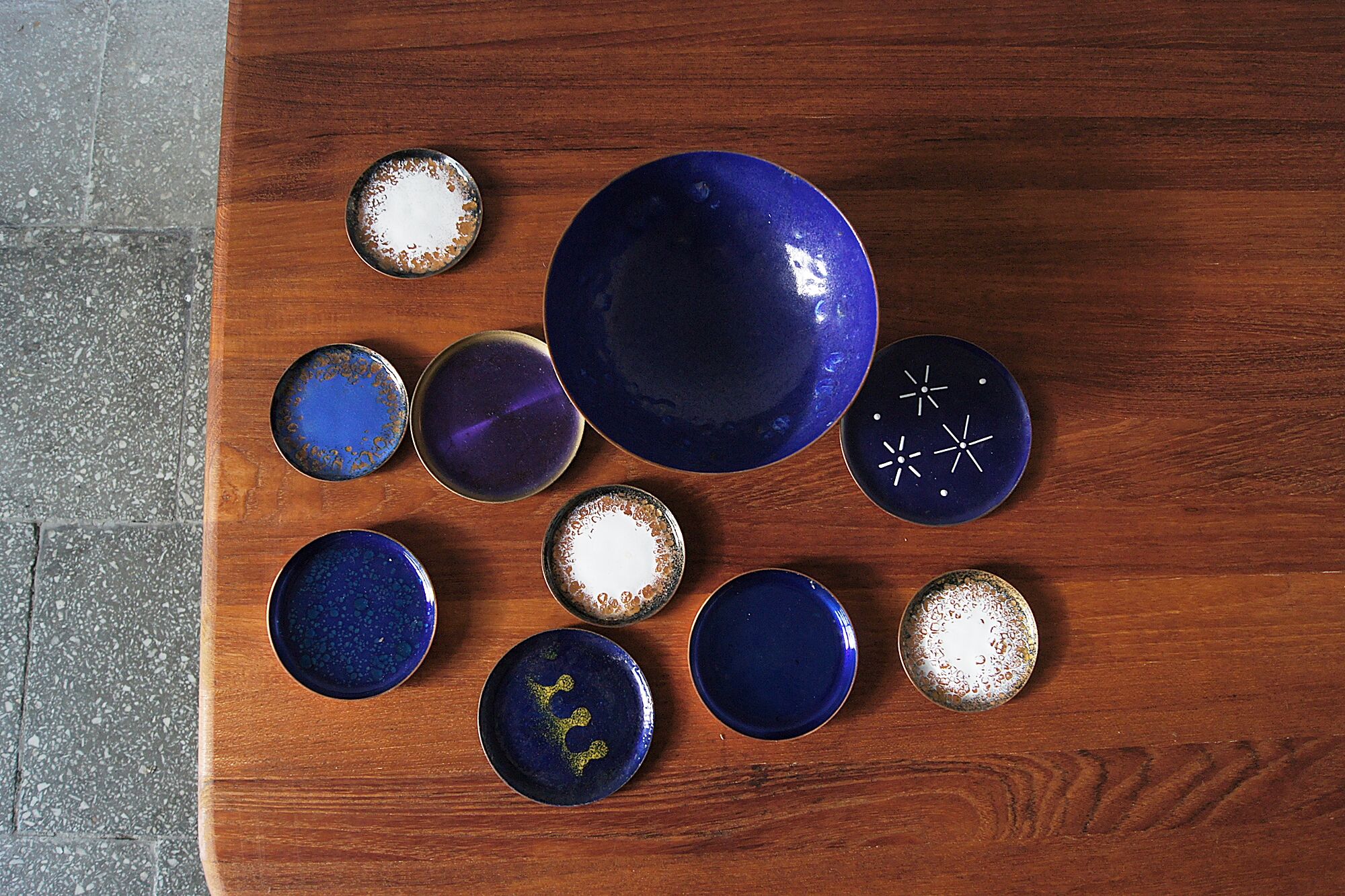 Vintage brass & enameled plates, set of 10