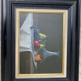 Painting by charles henri colombert - still life: : pears, grapes, apples and pretty carafe.