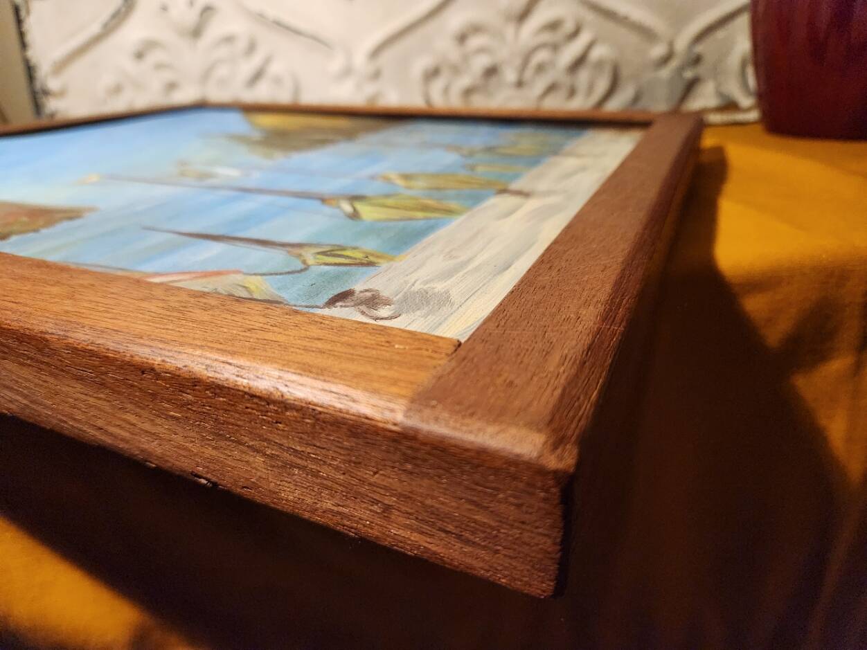Vintage 1960s oil on canvas painting of a fishing port, framed and signed.