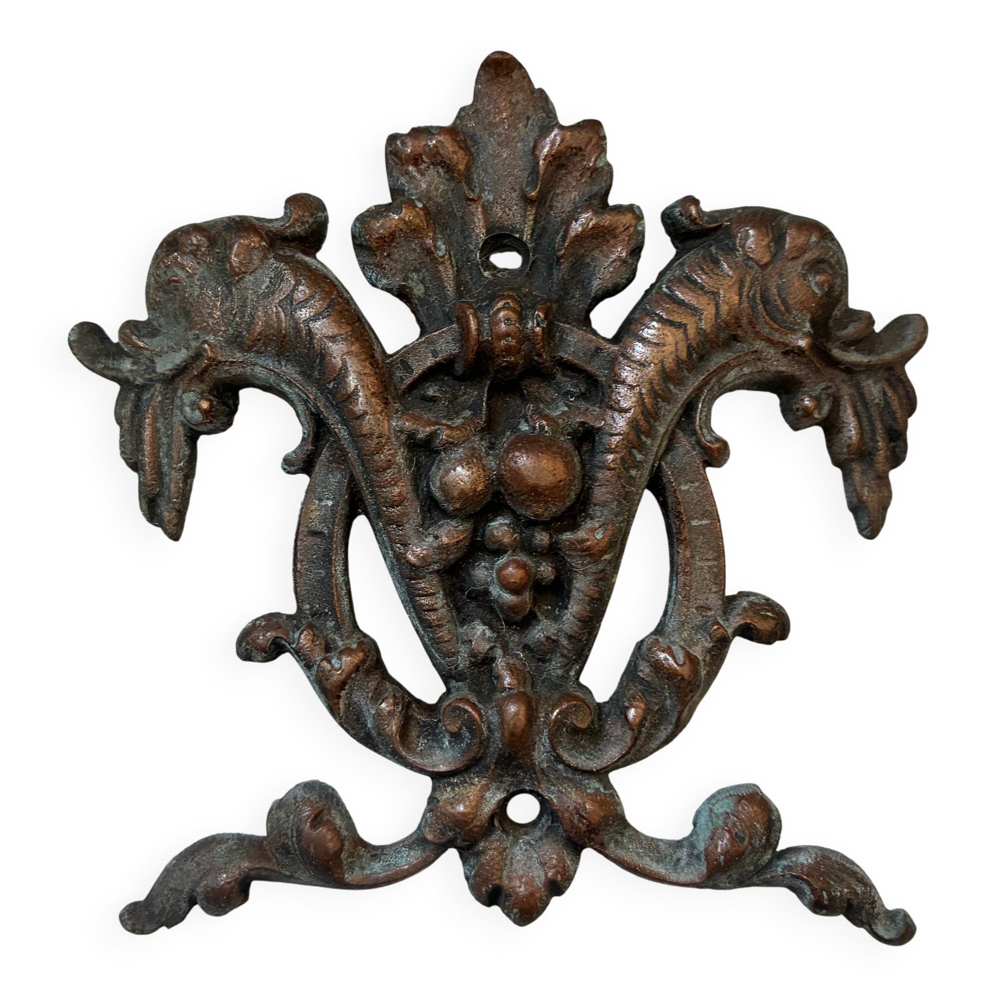Vintage small furniture ornament in copper alloy with fish decoration.