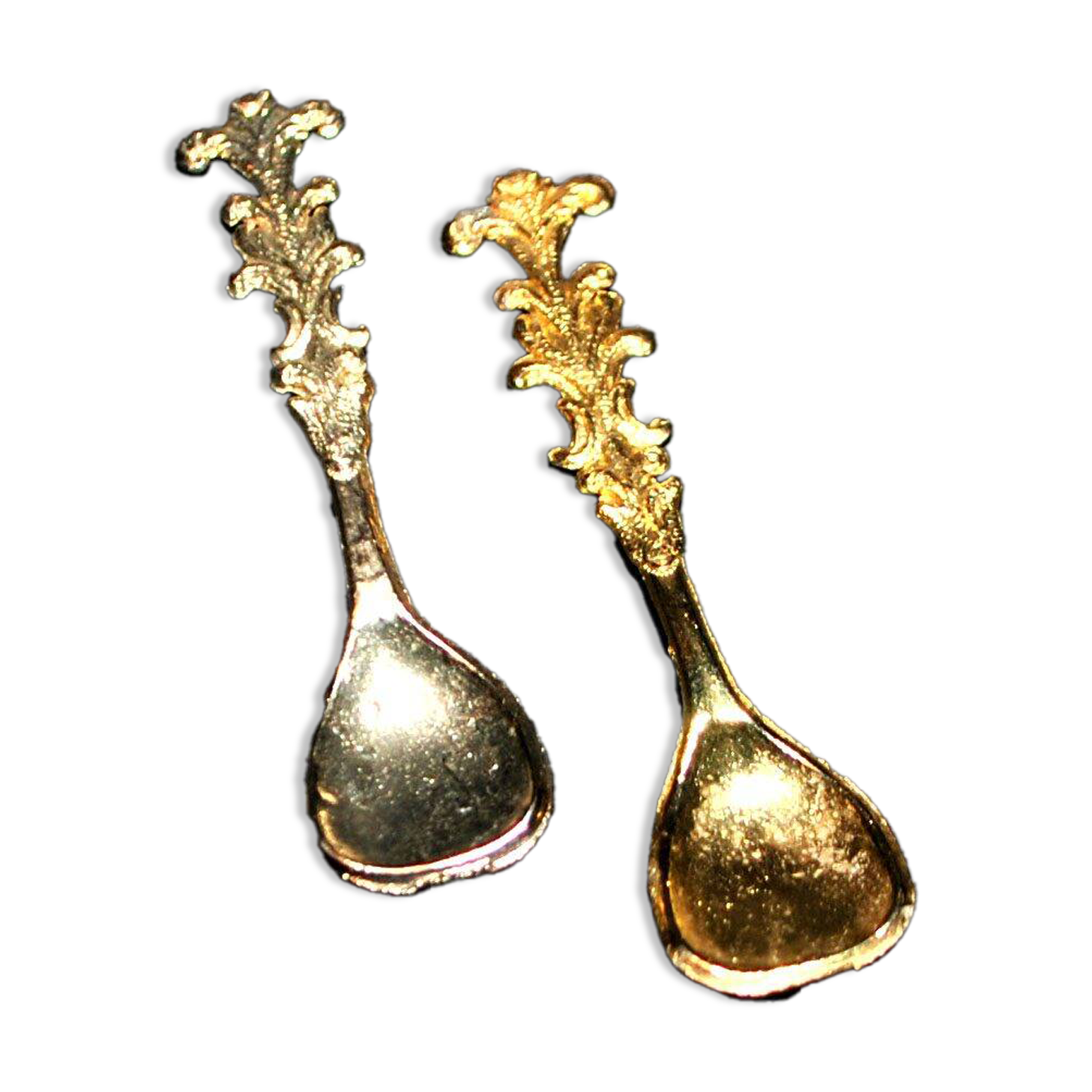Set of 2 vintage gold metal salt spoons.