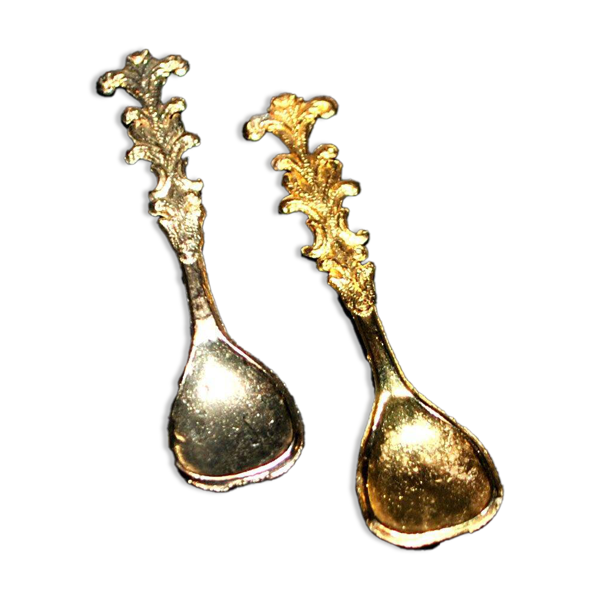 Lot de 2 petites cuillères à sel en métal doré vintage