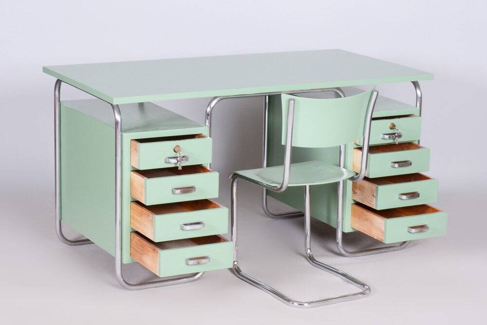 Bauhaus Writing Desk and Chair in Chrome-Plated Steel from Thonet, Czechia, 1930s, Set of 2