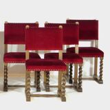 Set of eight oak barley twist dining chairs in red velvet, 19th century