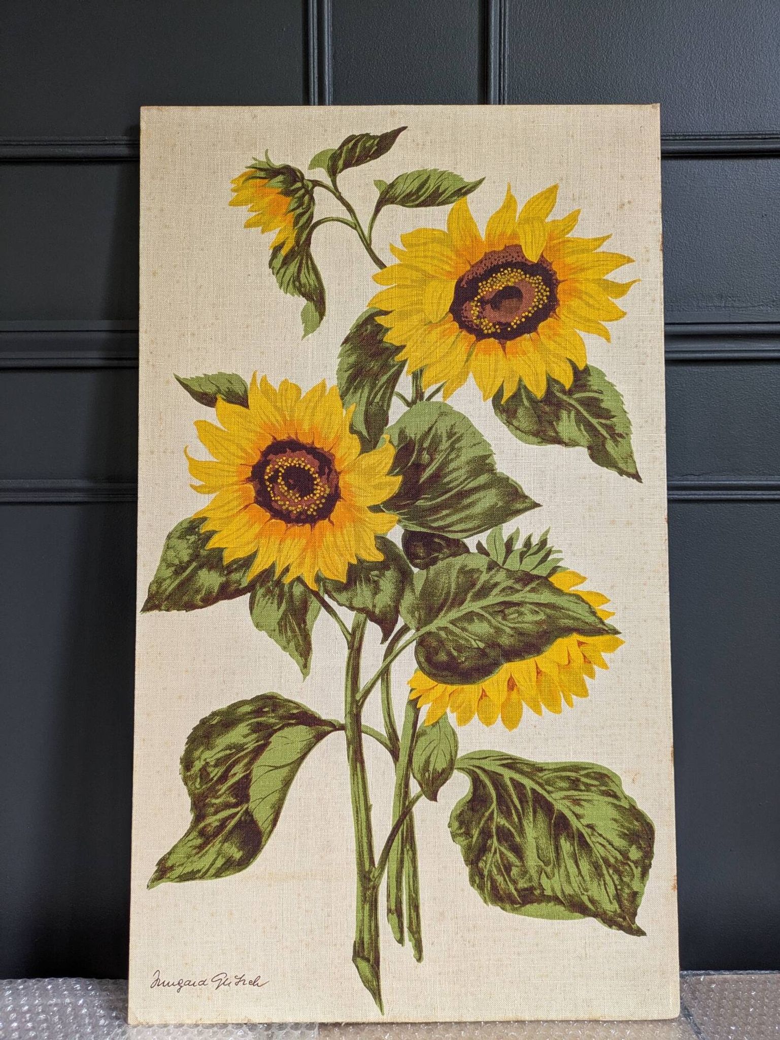 Vintage painting on linen "The Sunflowers" by Irmgard Gutsche 60s/70s