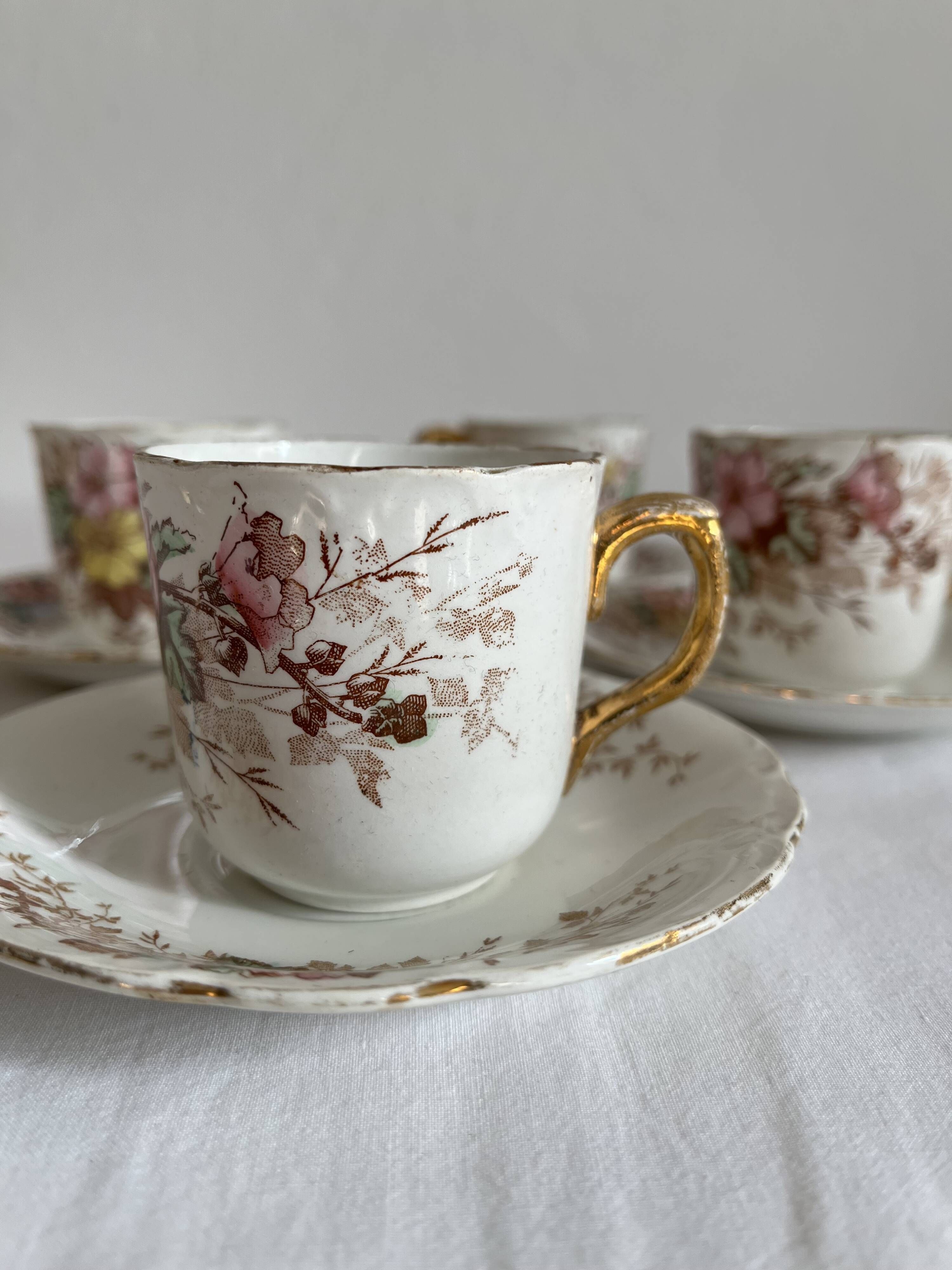 4 antique coffee cups in polychrome iron earth KG Lunéville
