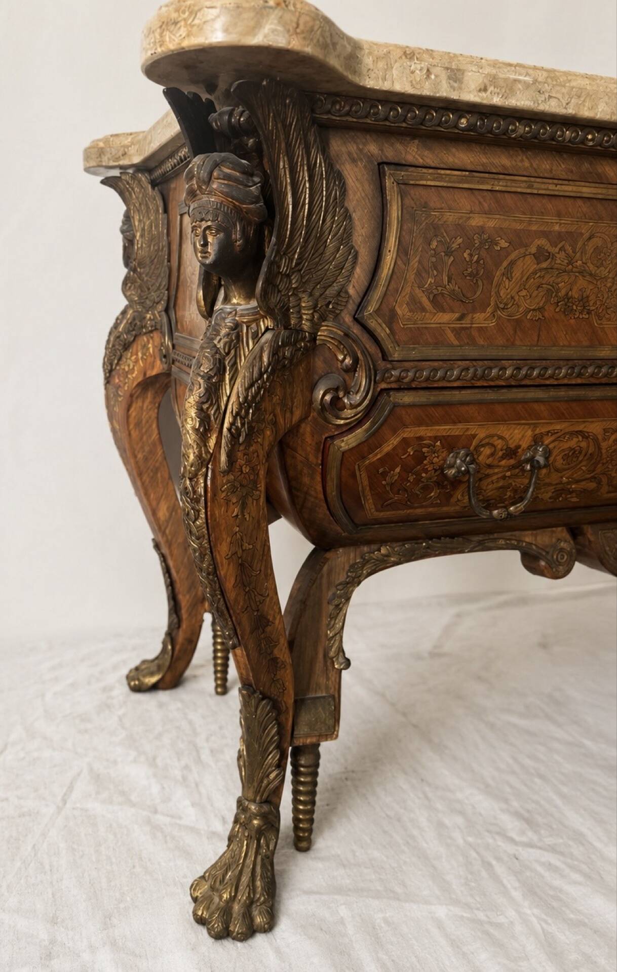 Ornamental commode in marquetry, marble, winged figures - Napoleon III