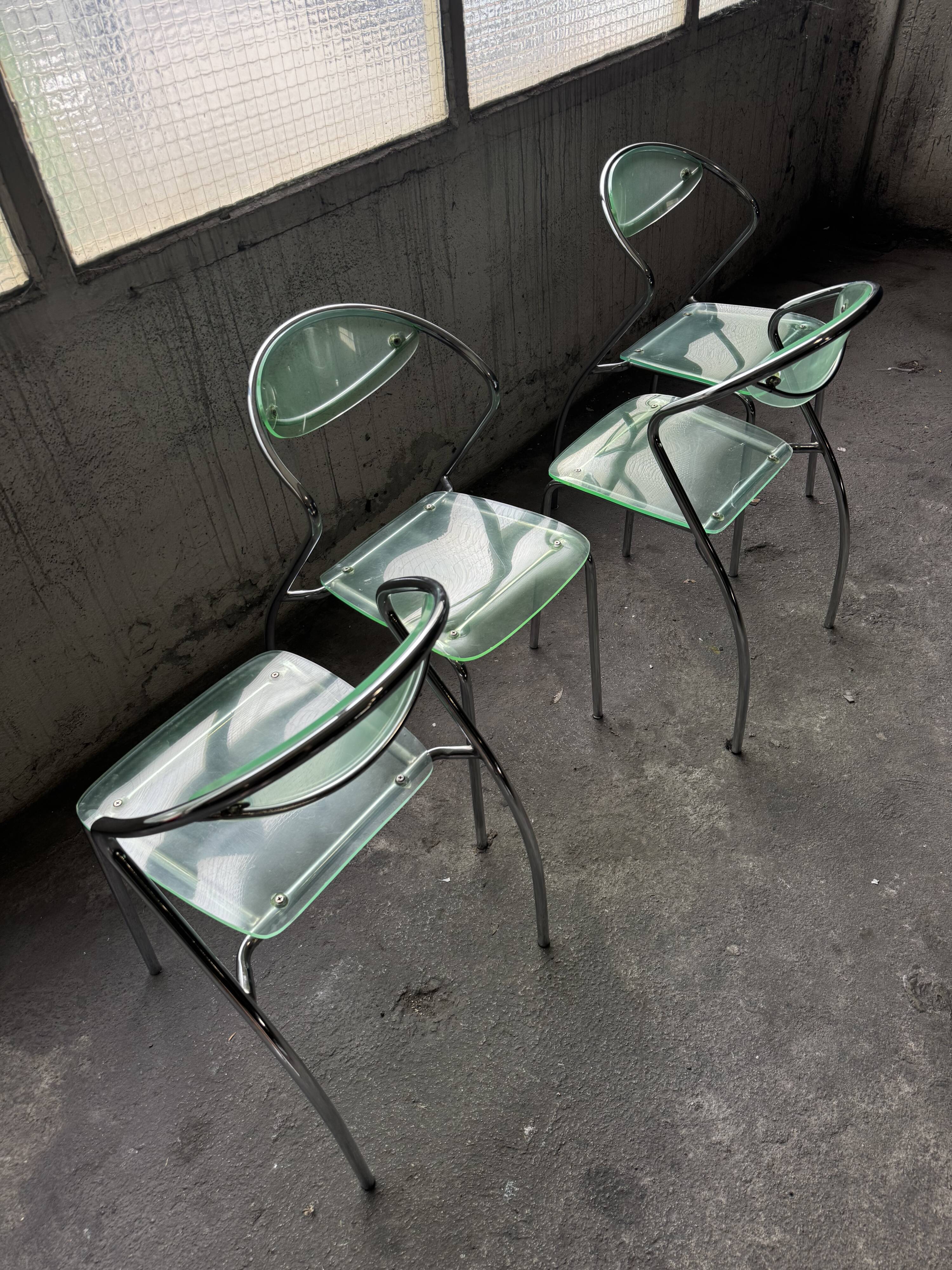 set of 4 designer chrome and plexiglass chairs, 80s