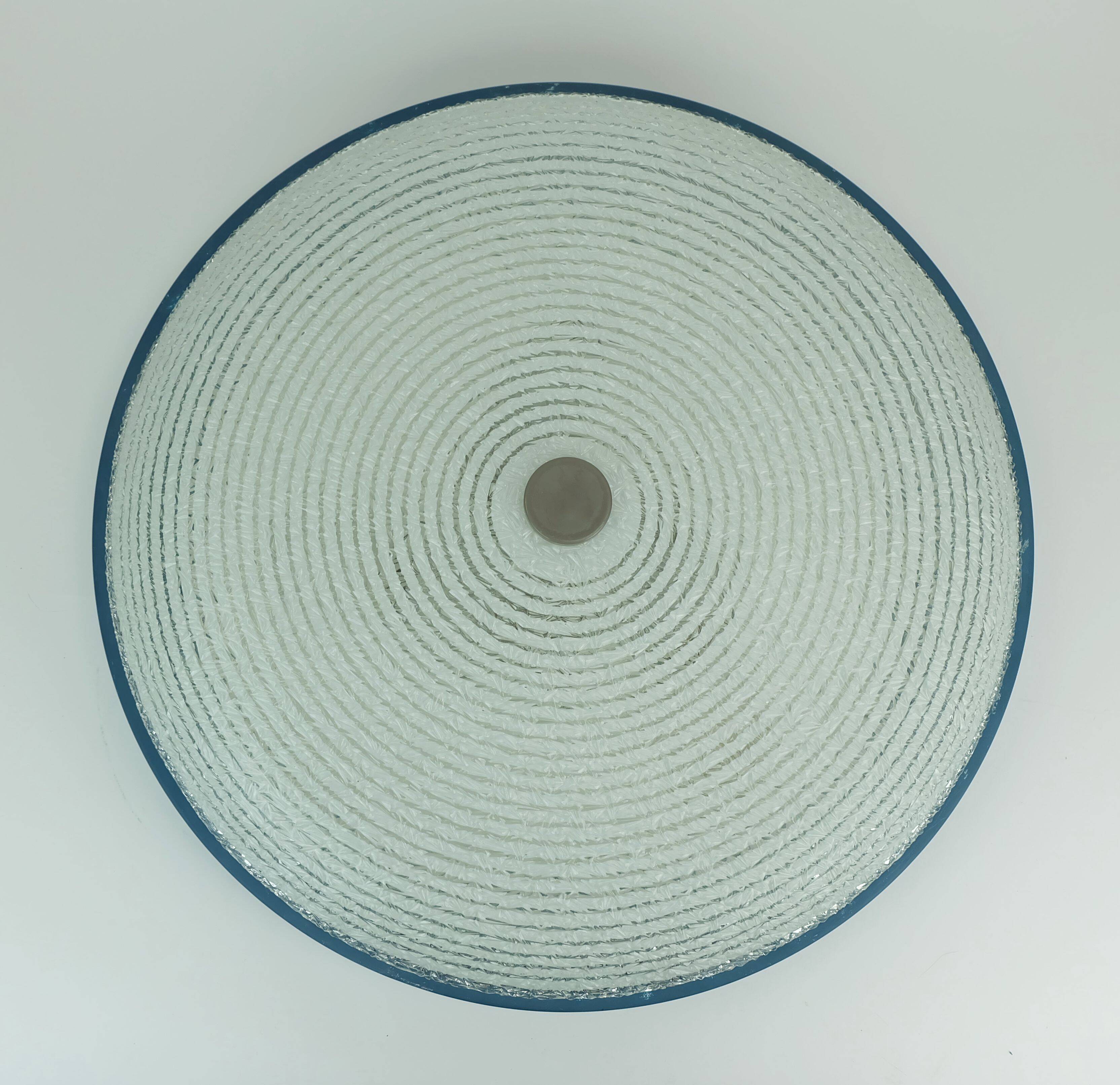 Rare large ceiling light by hillebrand 1960s textured glass blue metal fram