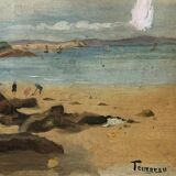 Teurreau: Oil On Canvas Beachside Lively With Characters And Sailboats
