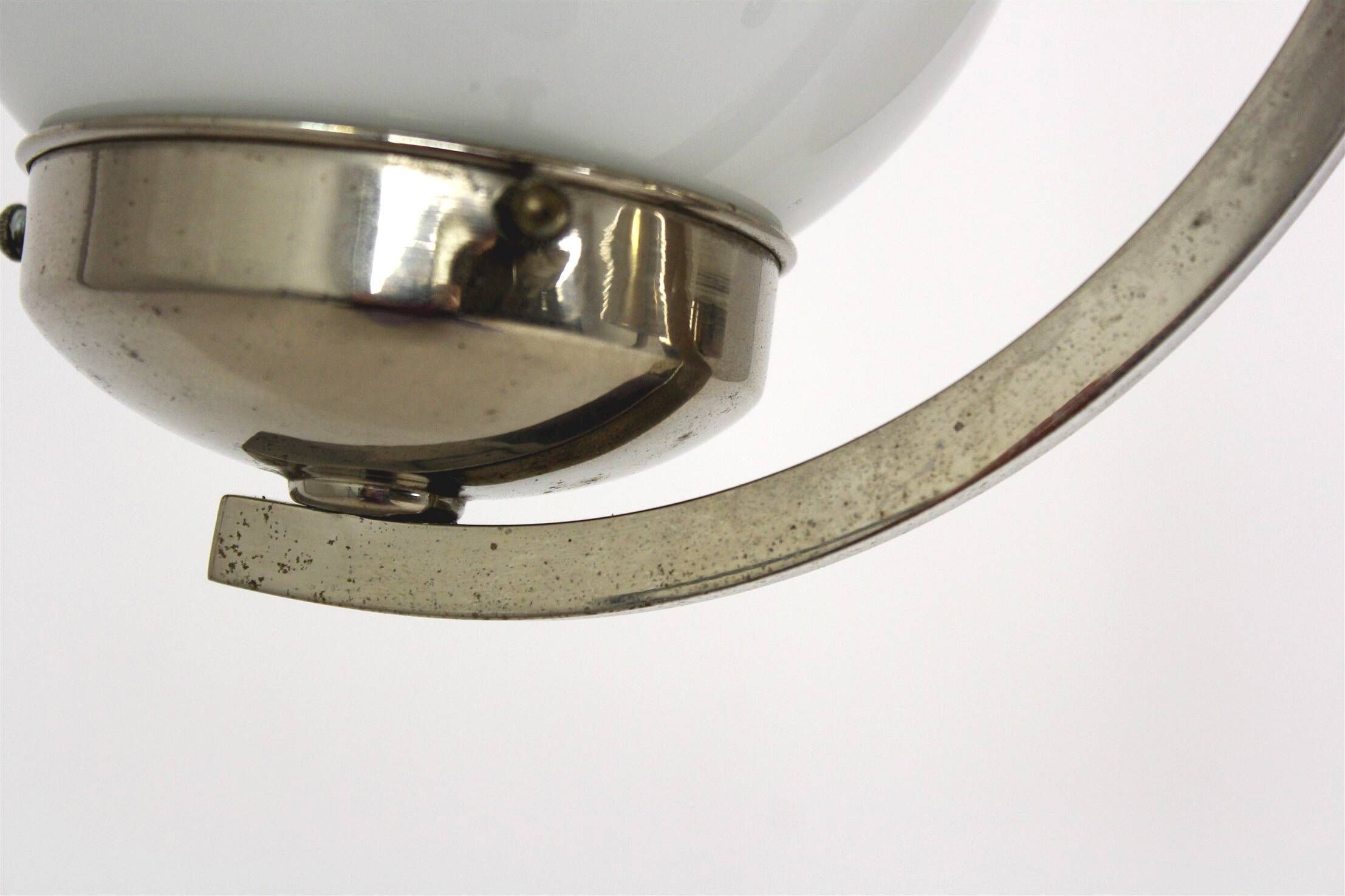 Vintage Czech Bauhaus style pendant light, tall, with opaline glass globes, 1940s