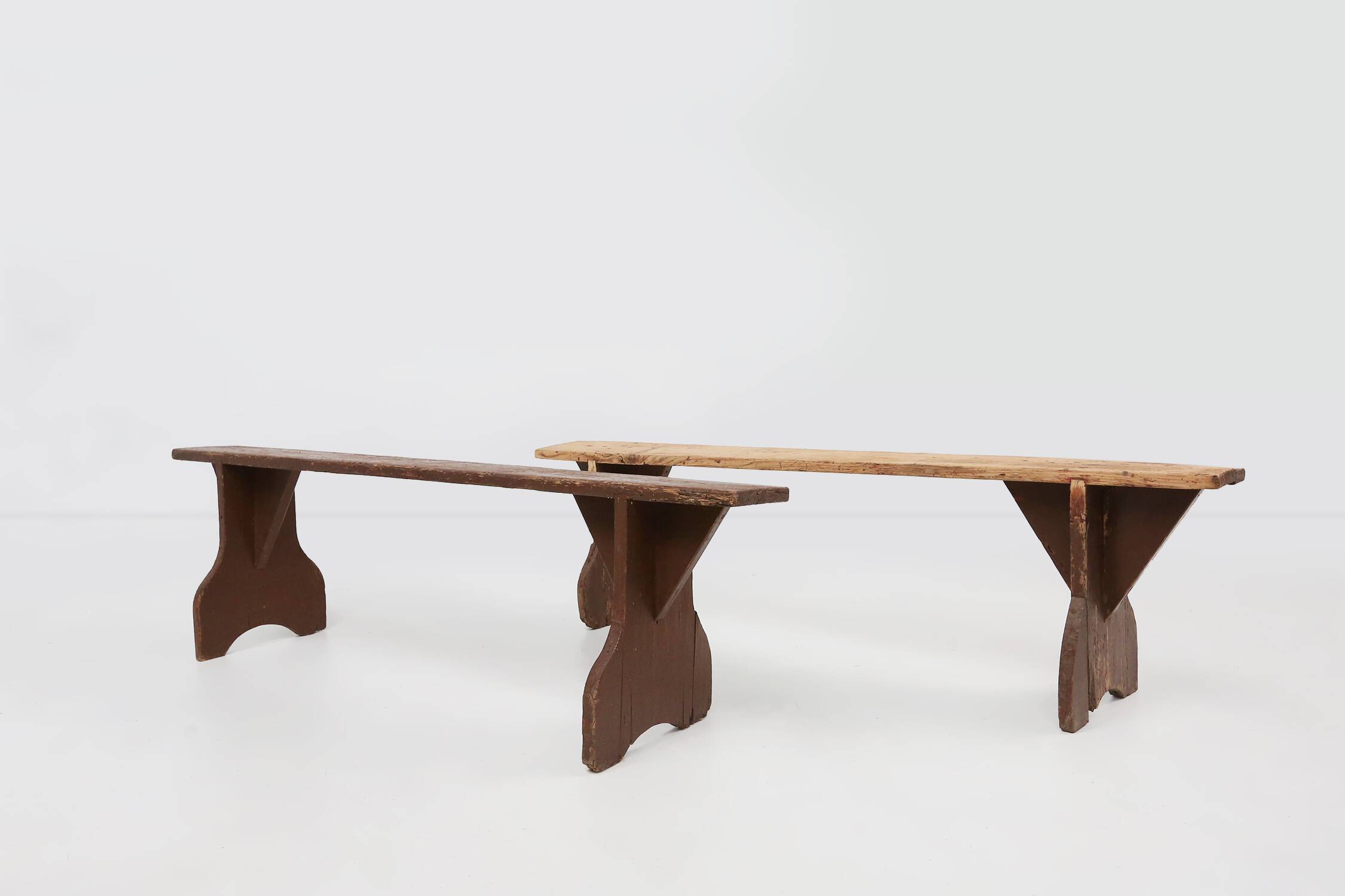 Mid-century rustic bench in brown painted wood, France ca. 1890