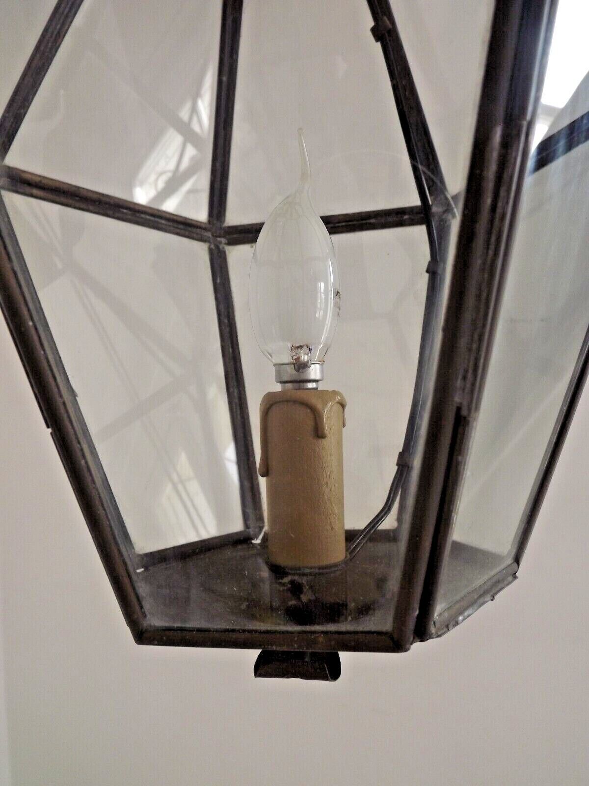Hexagonal shaped copper and glass hanging lantern