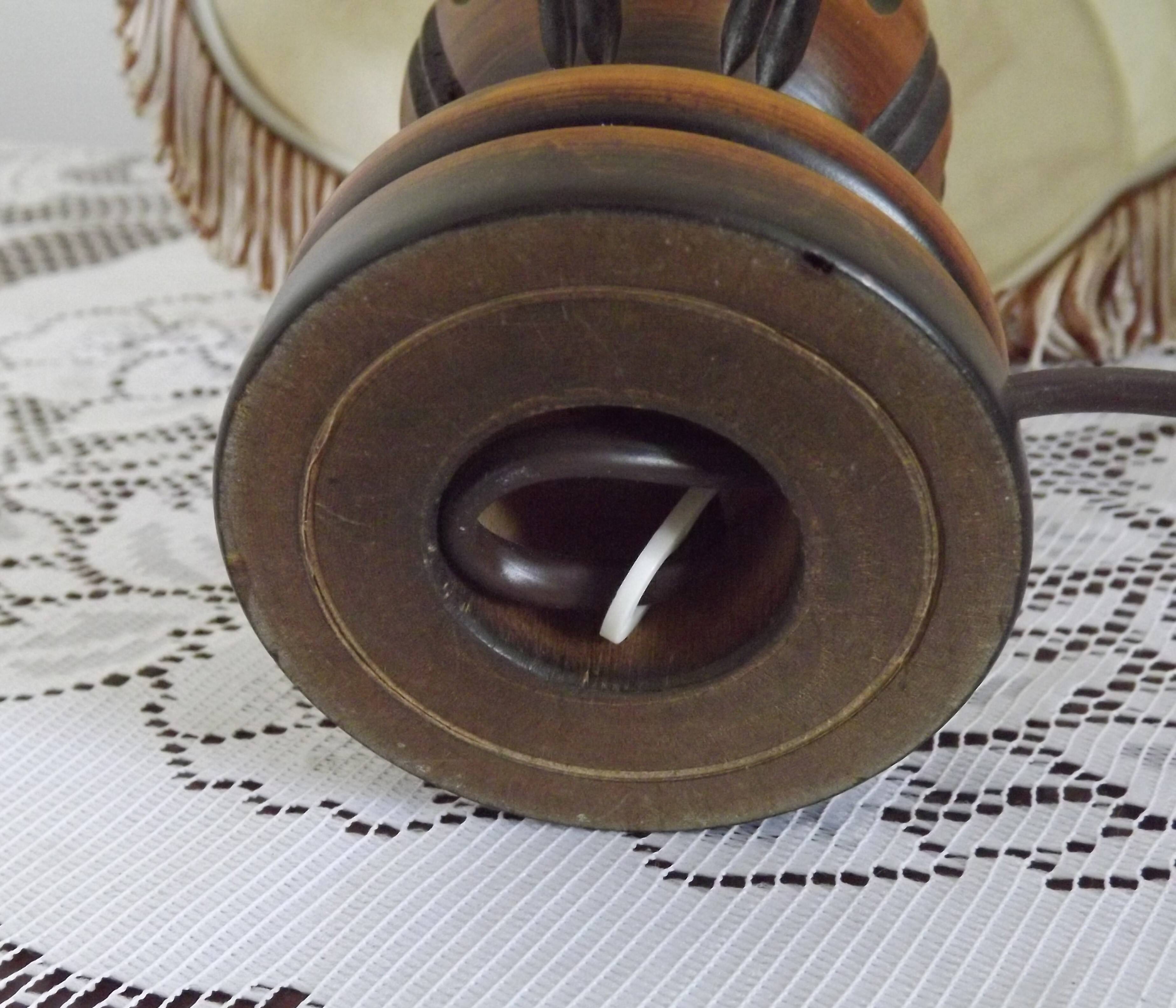 French Mid Century Round Turned Wood Grooved Table Lamp Hide Skin Shade