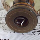 French Mid Century Round Turned Wood Grooved Table Lamp Hide Skin Shade