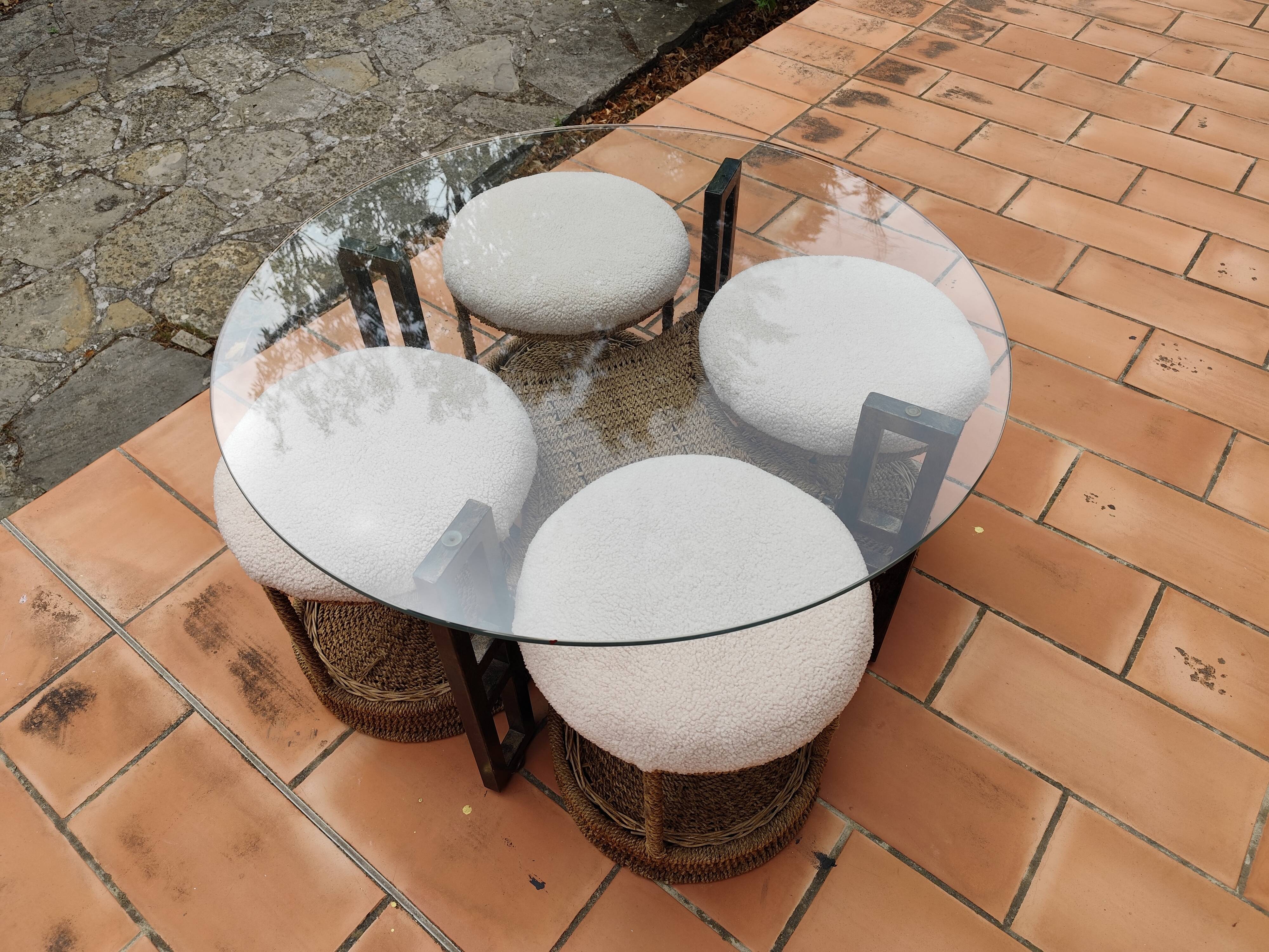 Vintage 1970s rope & rattan coffee table and 4 stools