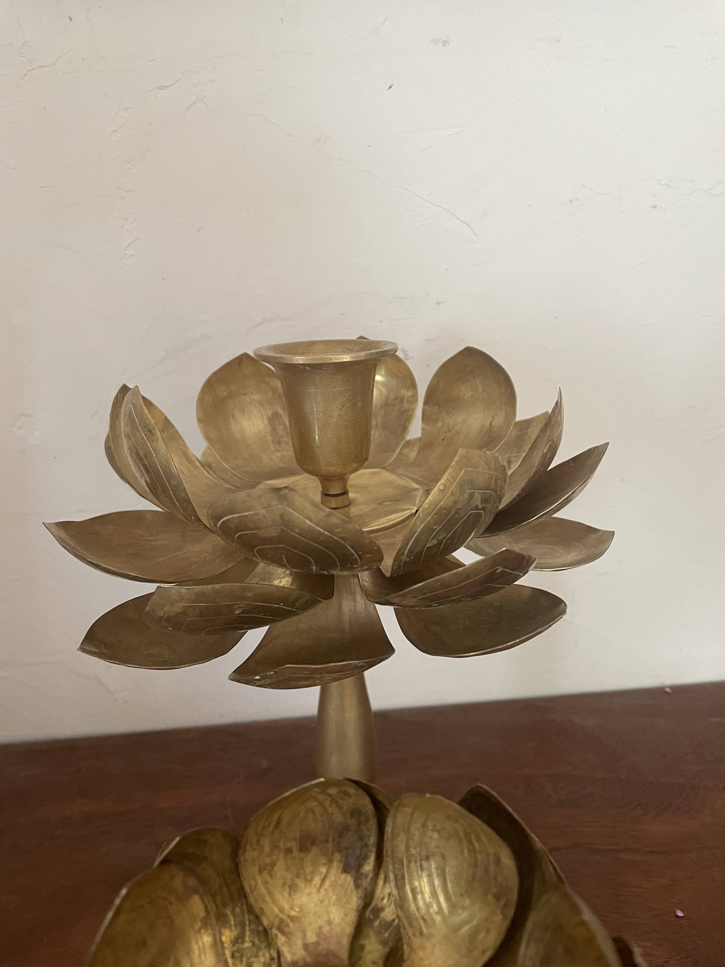 Set of two old brass lotus flower candlesticks