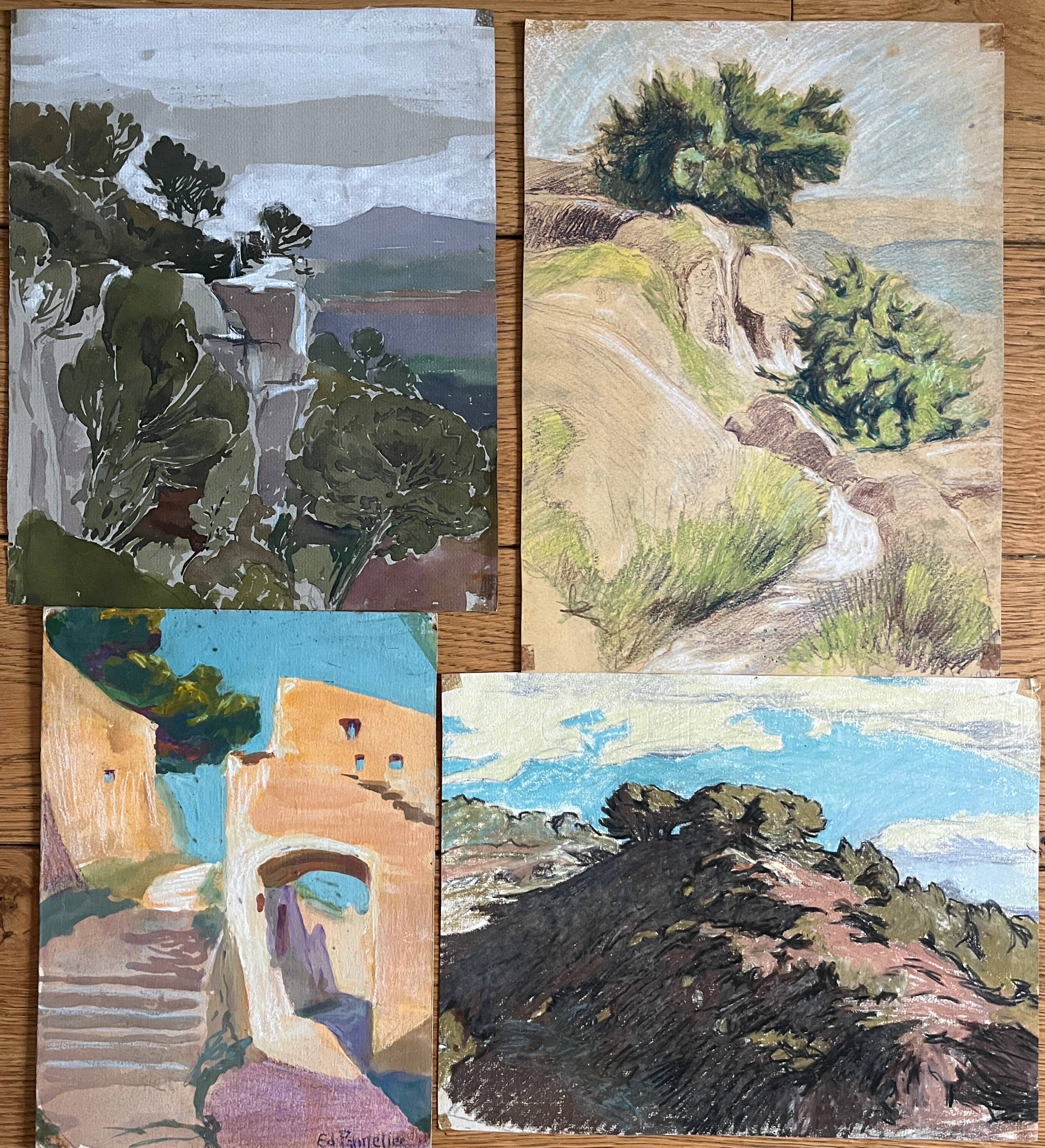 Paintings set of 4 drawings by Ed. Pannetier (1884-1965) Provence Côte d'Azur