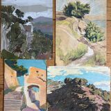 Paintings set of 4 drawings by Ed. Pannetier (1884-1965) Provence Côte d'Azur