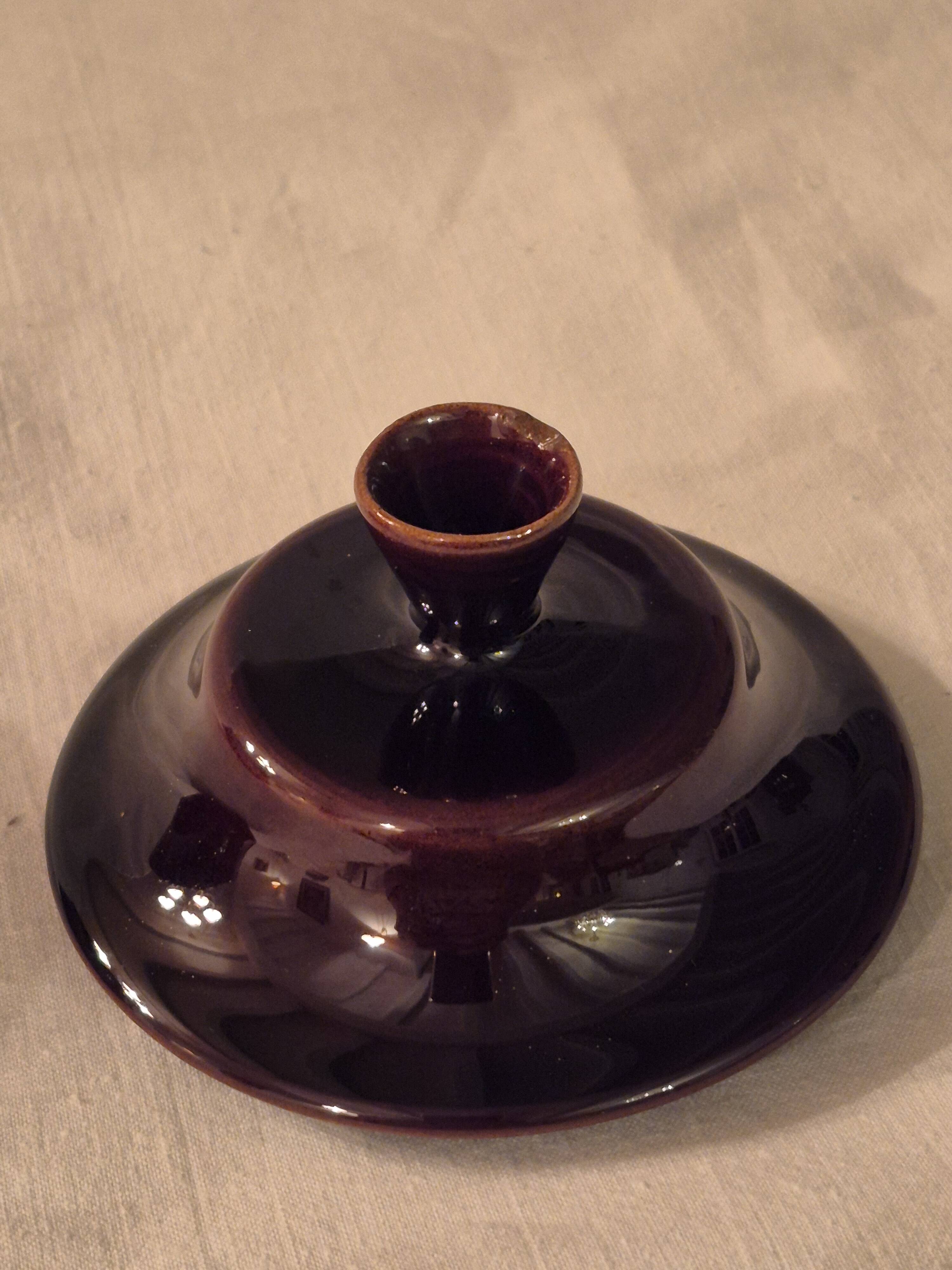 Covered sugar bowl Vallauris glazed ceramic brown old pink A152-3