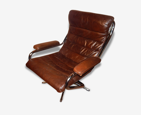 Fauteuil bureau direction cuir marron vintage design 70 | Selency