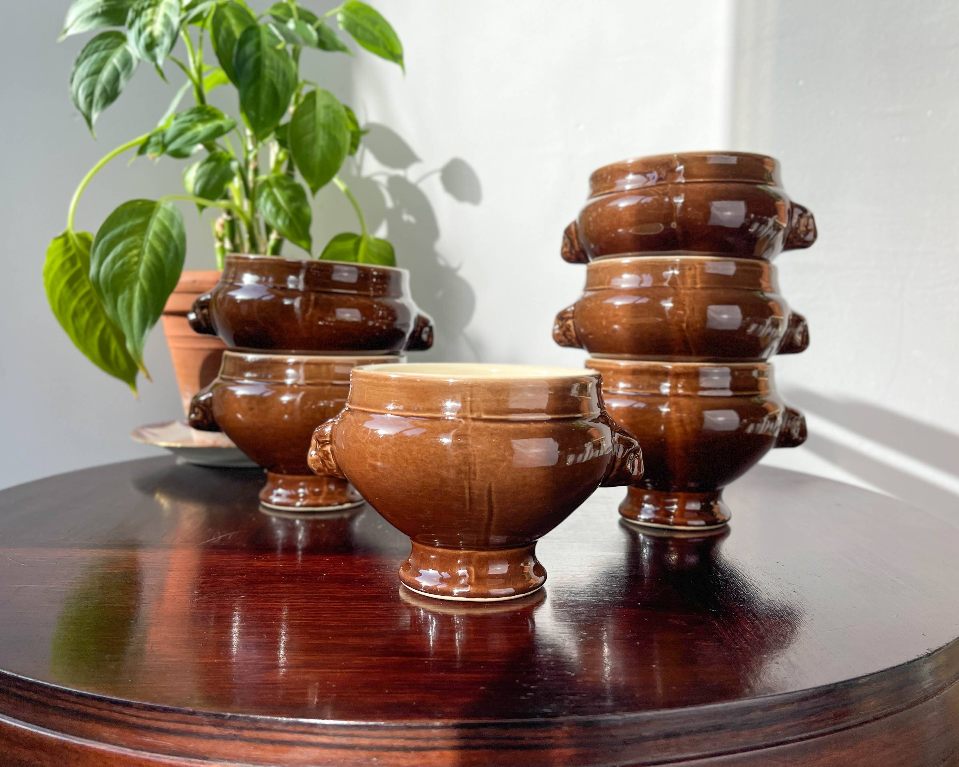 6 Lion's Head bowls in bi-colour brown and cream ceramic by Emile Henry, vintage, made in France.