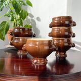 6 Emile Henry two-tone brown and cream vintage ceramic Lion Head Bowls Made in France