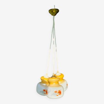 Suspension vintage avec trois globes à tresser ( orange, blanche et jaune )