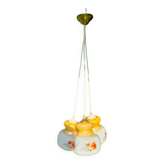 Vintage pendant light with three braiding globes (orange, white and yellow)